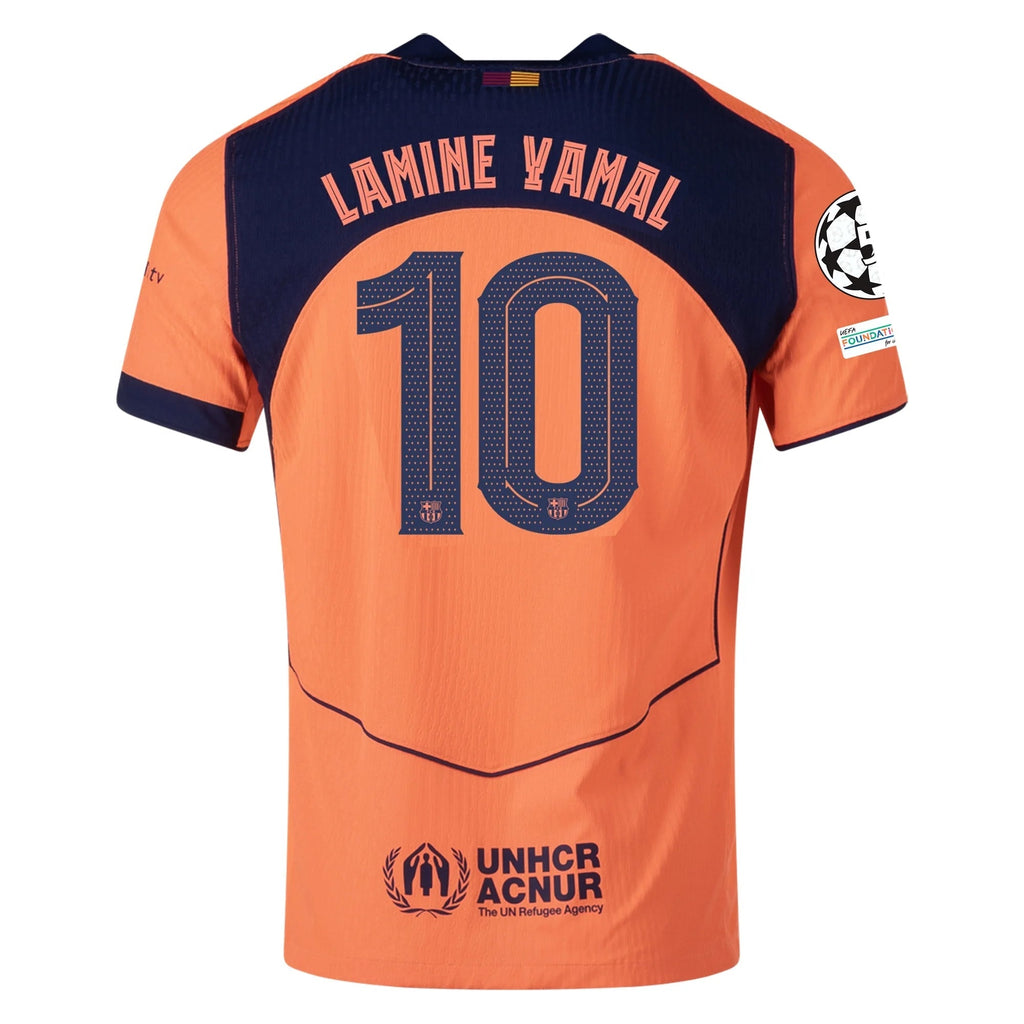Nike Lamine Yamal FC Barcelona Third T90 Authentic Jersey 25/26 w/ Champions League Patches (Bright Mango/Midnight Navy)