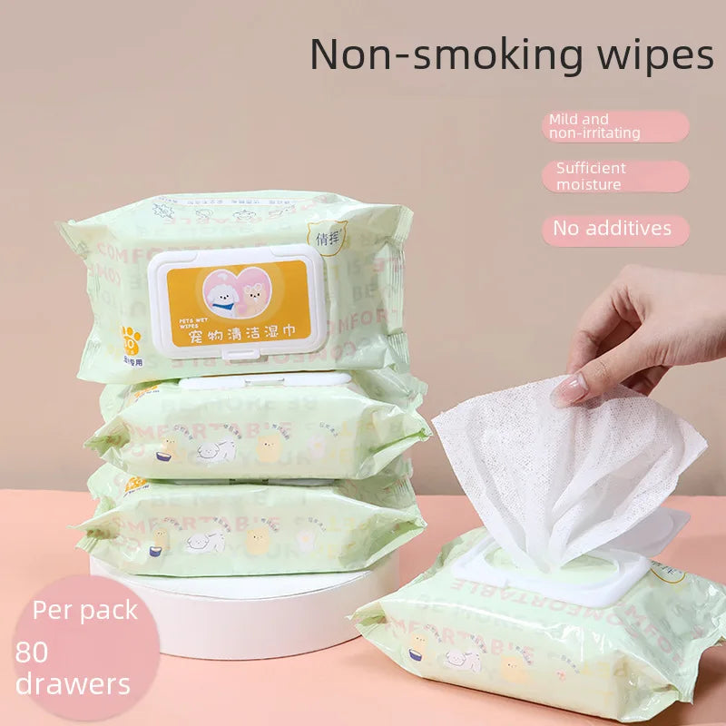 Hypoallergenic Pet Wipes for Cats & Dogs - Tear Stain Remover, No-Rinse Body Cleaning & Odor Control （80-Ply）