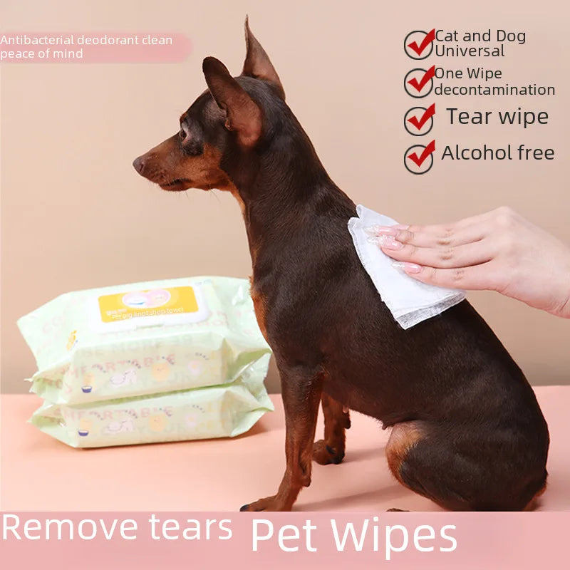 Hypoallergenic Pet Wipes for Cats & Dogs - Tear Stain Remover, No-Rinse Body Cleaning & Odor Control （80-Ply）