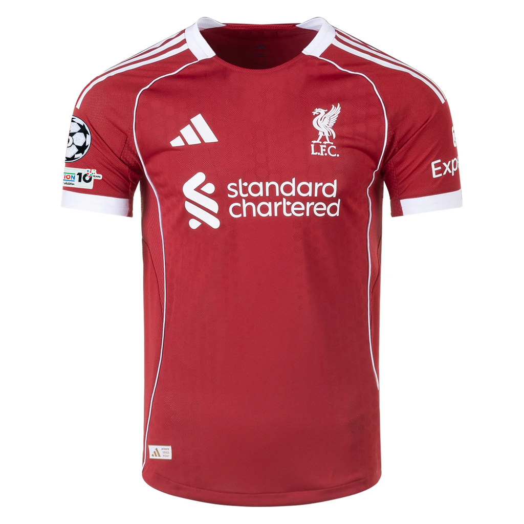 adidas Men's Liverpool FC Authentic Gravenberch Home Jersey 25/26 w/ Champions League Patches (Strawberry Red)