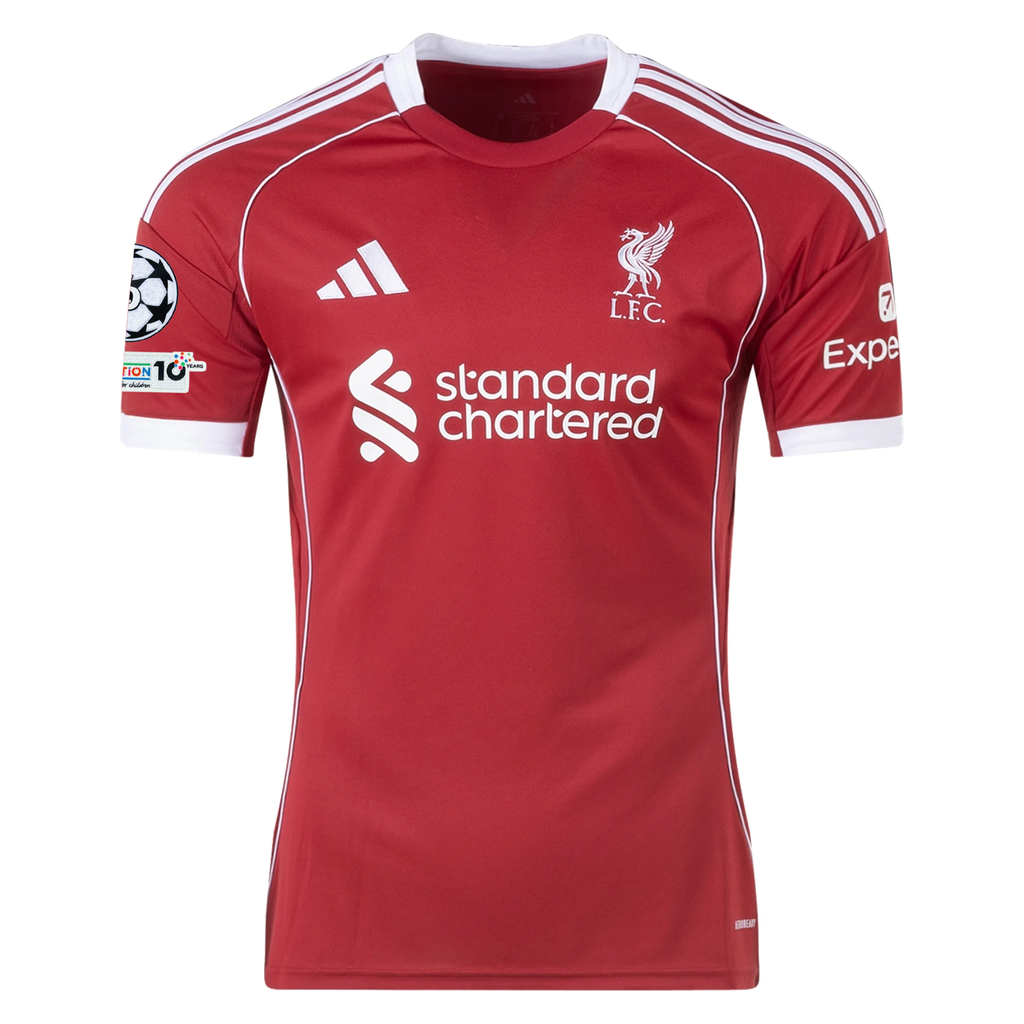 adidas Men's Liverpool Chiesa Home Jersey 25/26 w/ Champions League Patches (Strawberry Red)