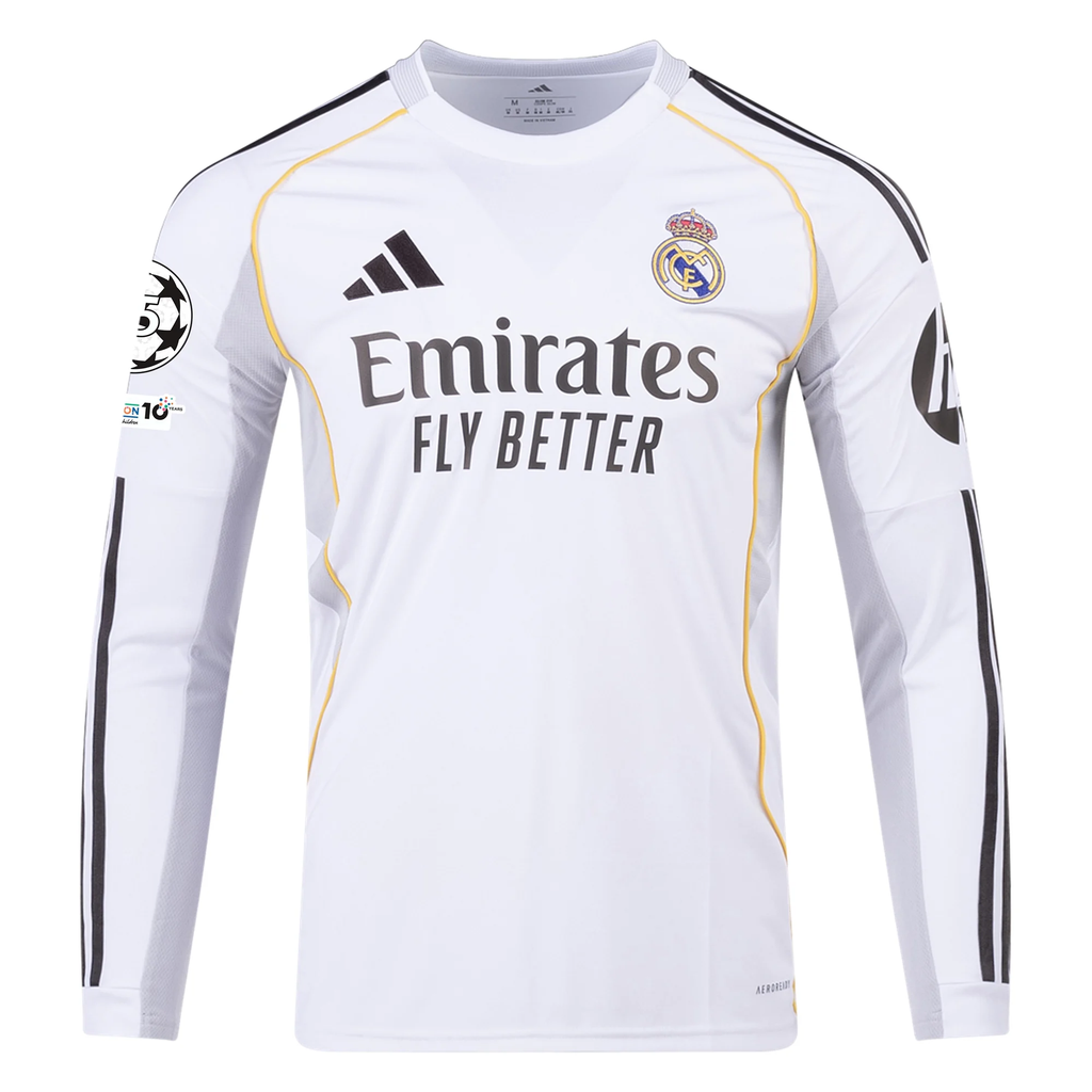 adidas Real Madrid Rudiger Long Sleeve Home Jersey w/ Champions League Patches 25/26 (White)